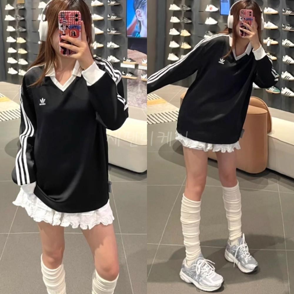 아디다스 스트라이프 새틴 롱 슬리브 폴로 카라 긴팔 티셔츠 IR6099
