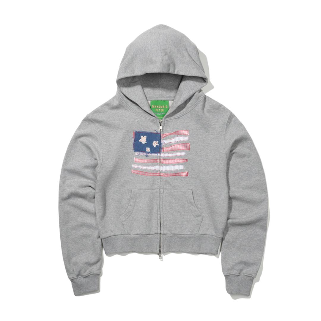 (W) USA FLAG APPLIQUE ZIP HOODIE - GRAY