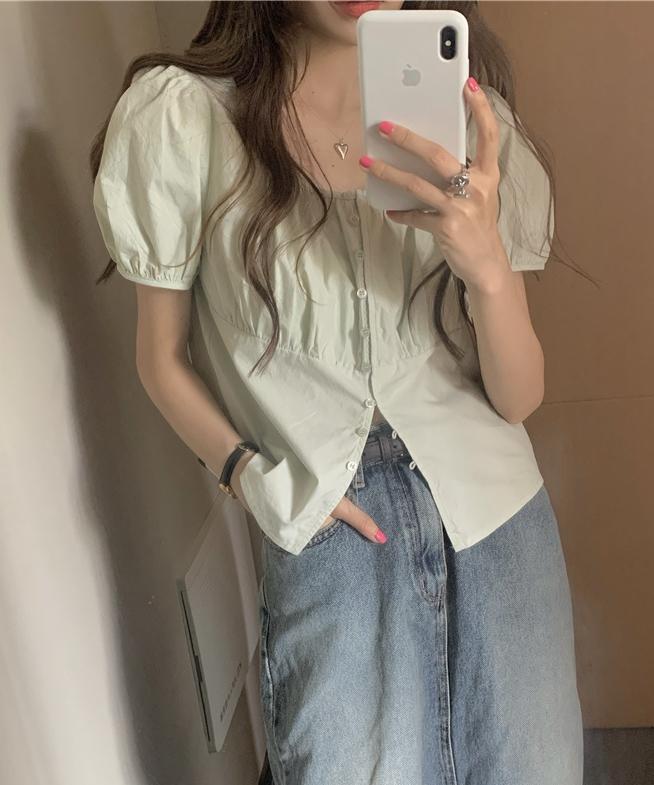 모어라벨 캔디 퍼프 라운드 반팔 블라우스