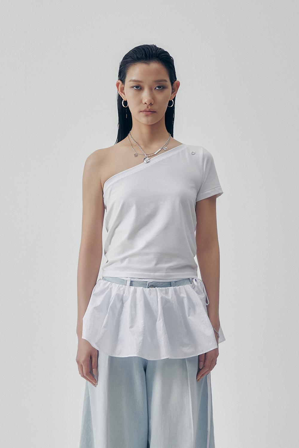 One-Shoulder Sleeve T-shirts [ White ]