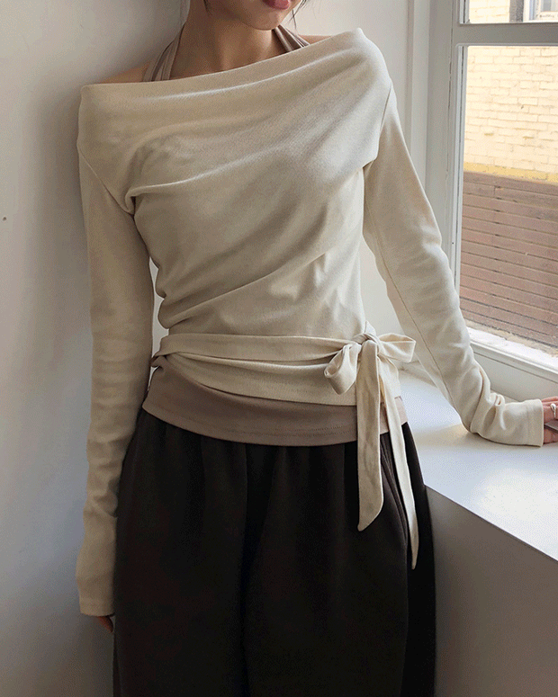 원더원더 [일체형] 디엘 홀터 레이어드 긴팔 티셔츠