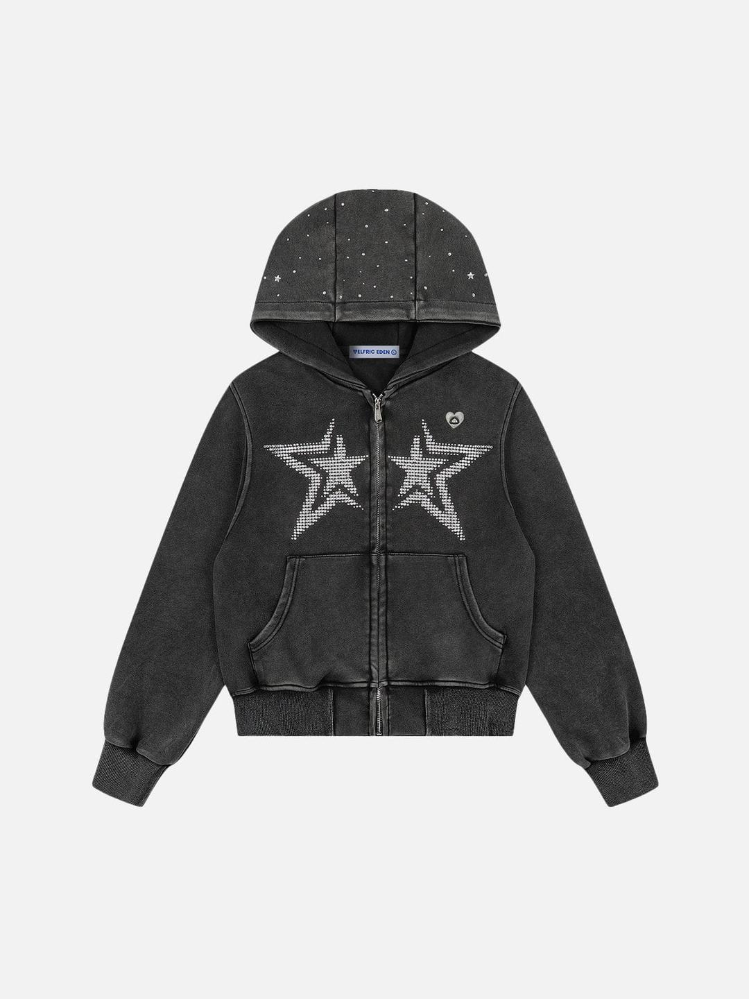 Aelfric Eden Cropped Rhinestone Star Zip Up Hoodie - Black / S