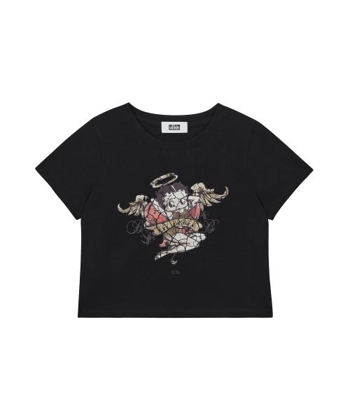 [얼킨 X 베티붑] 엔젤 타투 세미 크롭 반팔 티셔츠_블랙