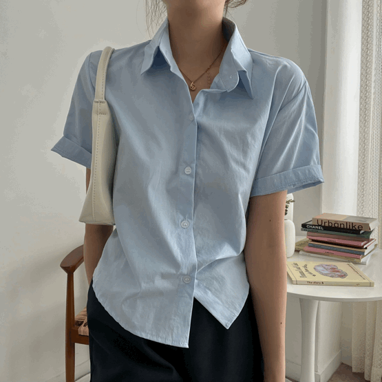 [비침X,베이직] 8컬러 제트 크롭 카라 코튼 반팔 셔츠