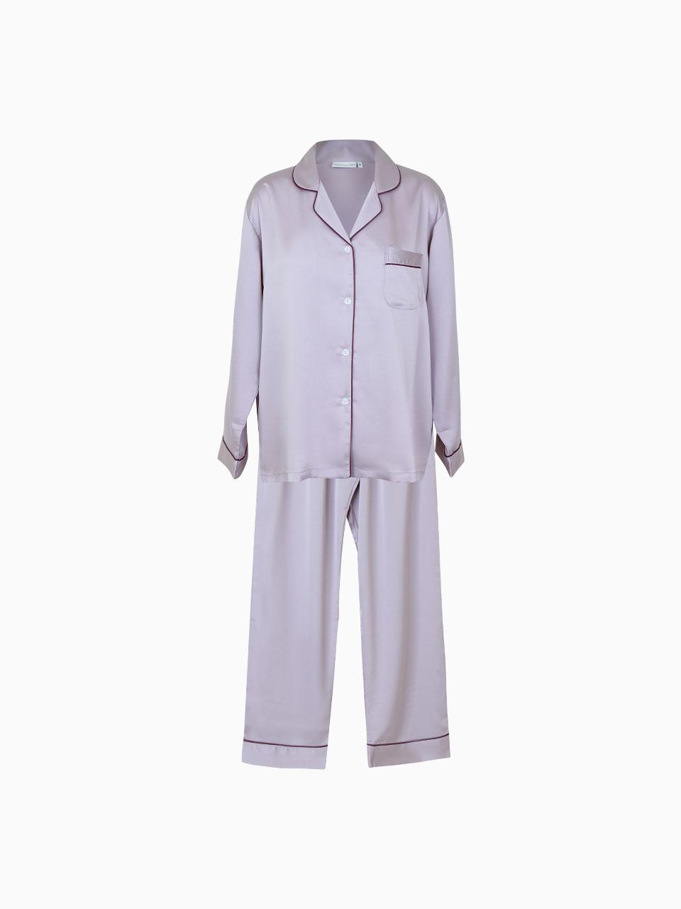 여성 라벤더 샤틴 긴소매 카라 투피스 잠옷 24-06031