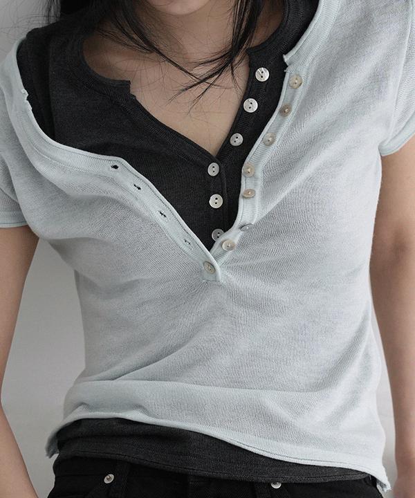 매니크 [🧊여름/무료배송] 포에크 버튼 브이넥 반소매 니트