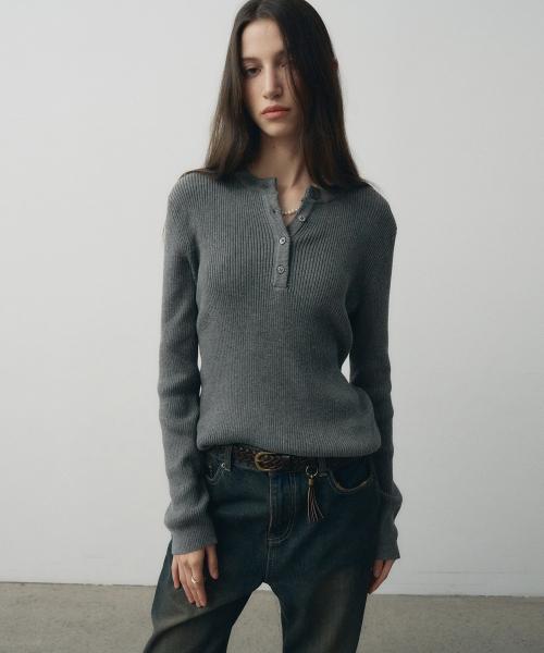 코튼 리브드 헨리넥 니트 (그레이)