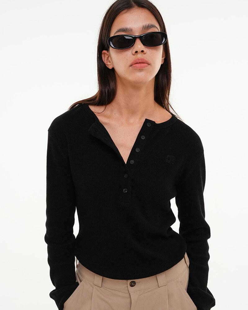 CENTAUR WAFFLE HENLEY NECK LONG SLEEVE_BLACK