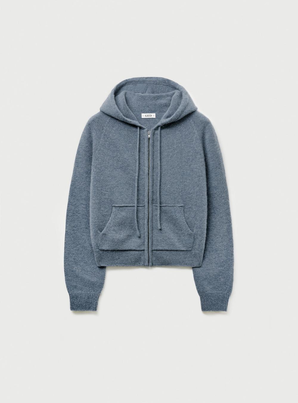 WOOL KNIT ZIP-UP HOODIE - OLD JEAN BLUE