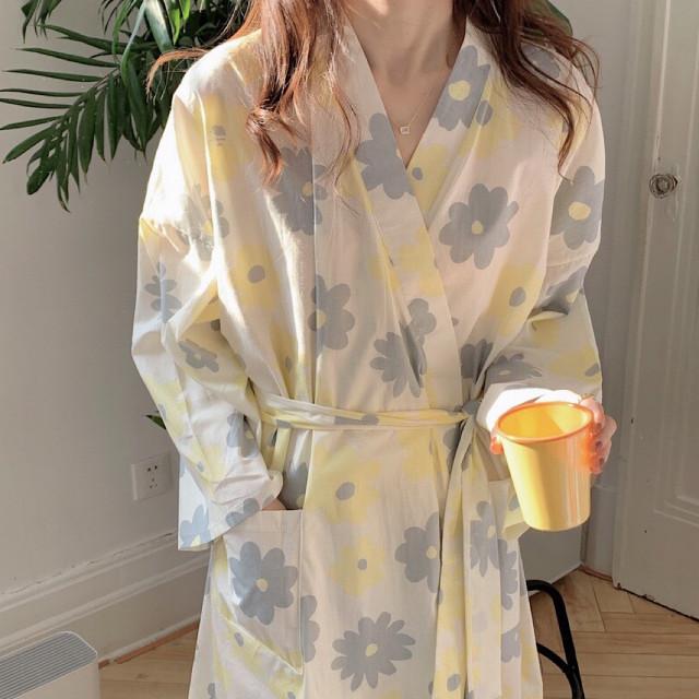 여성 플라워 로브 긴팔 플라워 파자마 가운 데일리 홈웨어 실내복 선물 파티