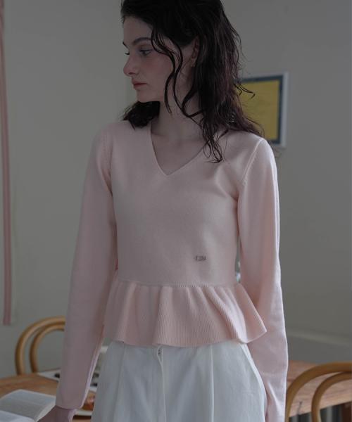 V-neck Flare Shirring Knit [Pink]
