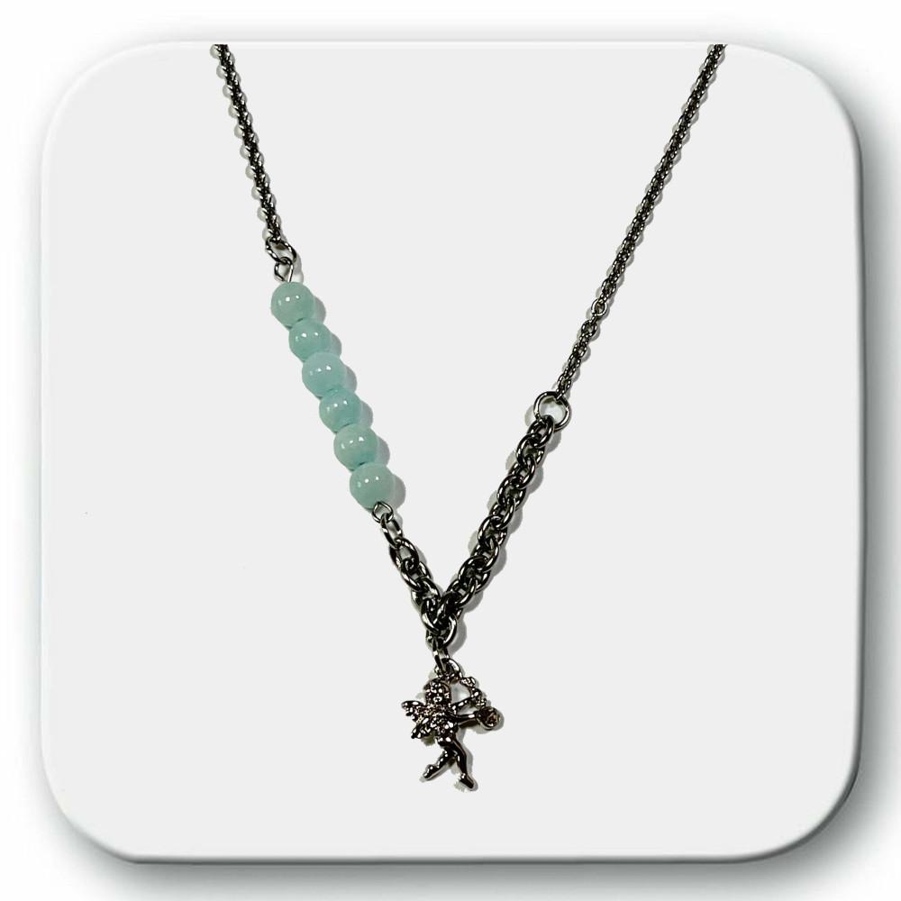MADE mint angel / 원석목걸이 언발란스 레이어드 키치 러블리 민트