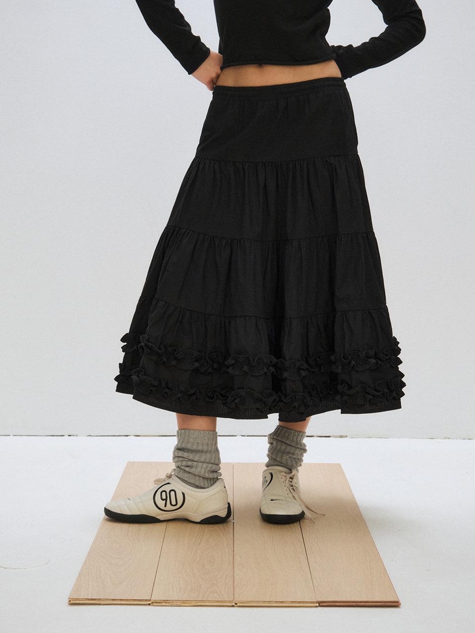 [PLZPROJECT]MIDDLE FRILL SKIRT, BLACK