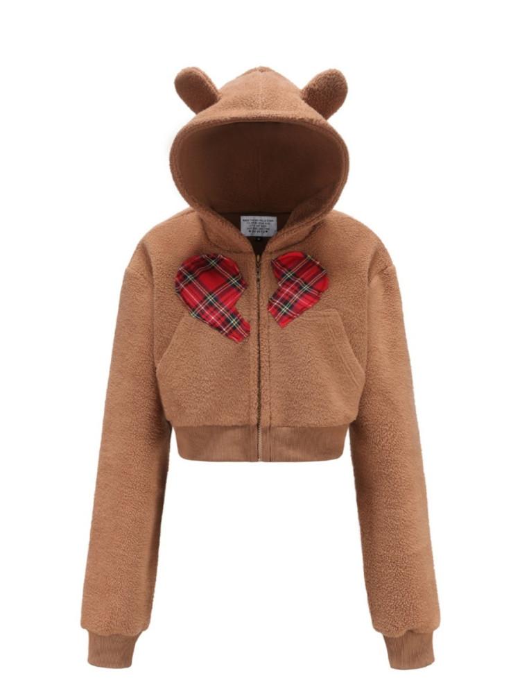 EatmePlz 브라운 베어 귀 양털 크롭 후드 집업 자켓 가디건 하트 체크무늬 오버핏