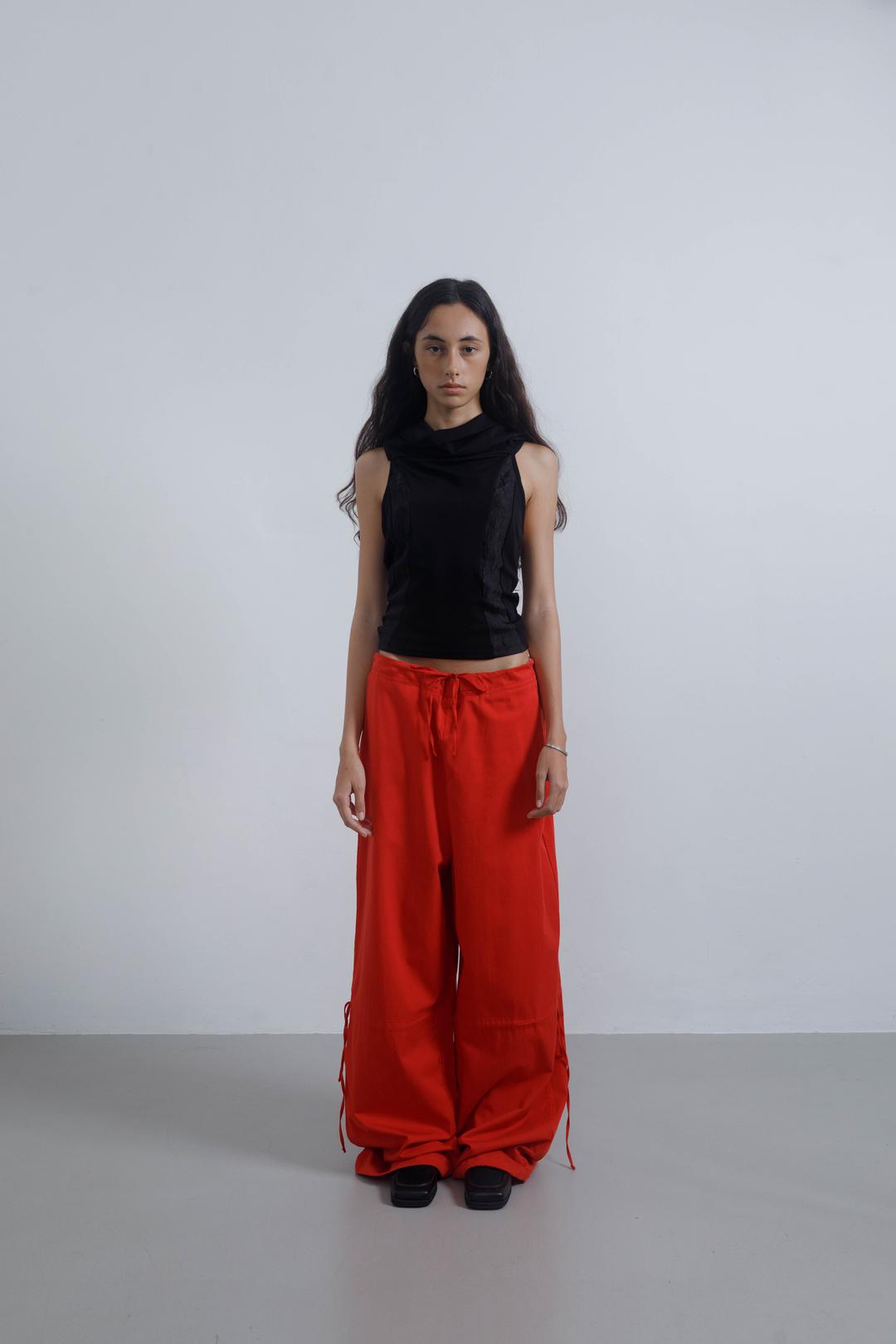 CHECK POCKET SIDE STRING PANTS RED