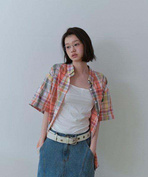 빅 체크 하프 셔츠 _ 오렌지