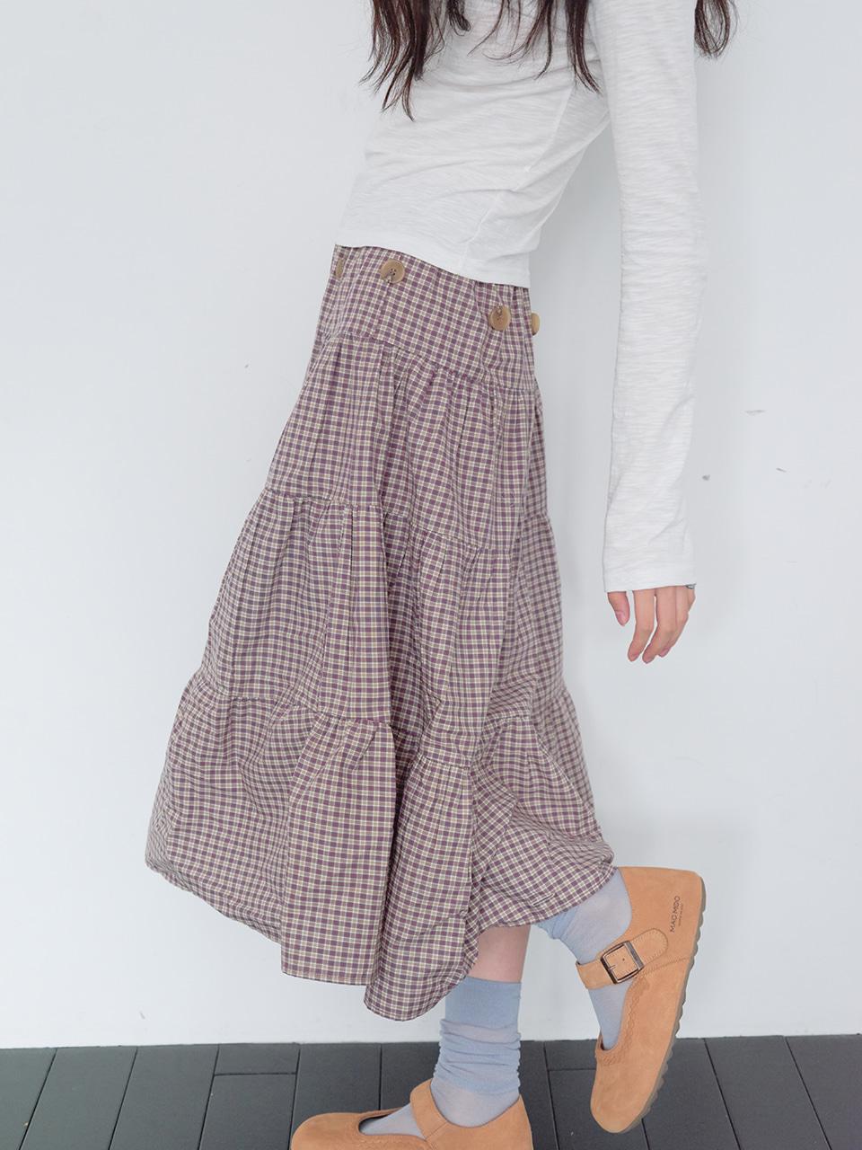 2way Button Shirring Skirt (Purple Check)
