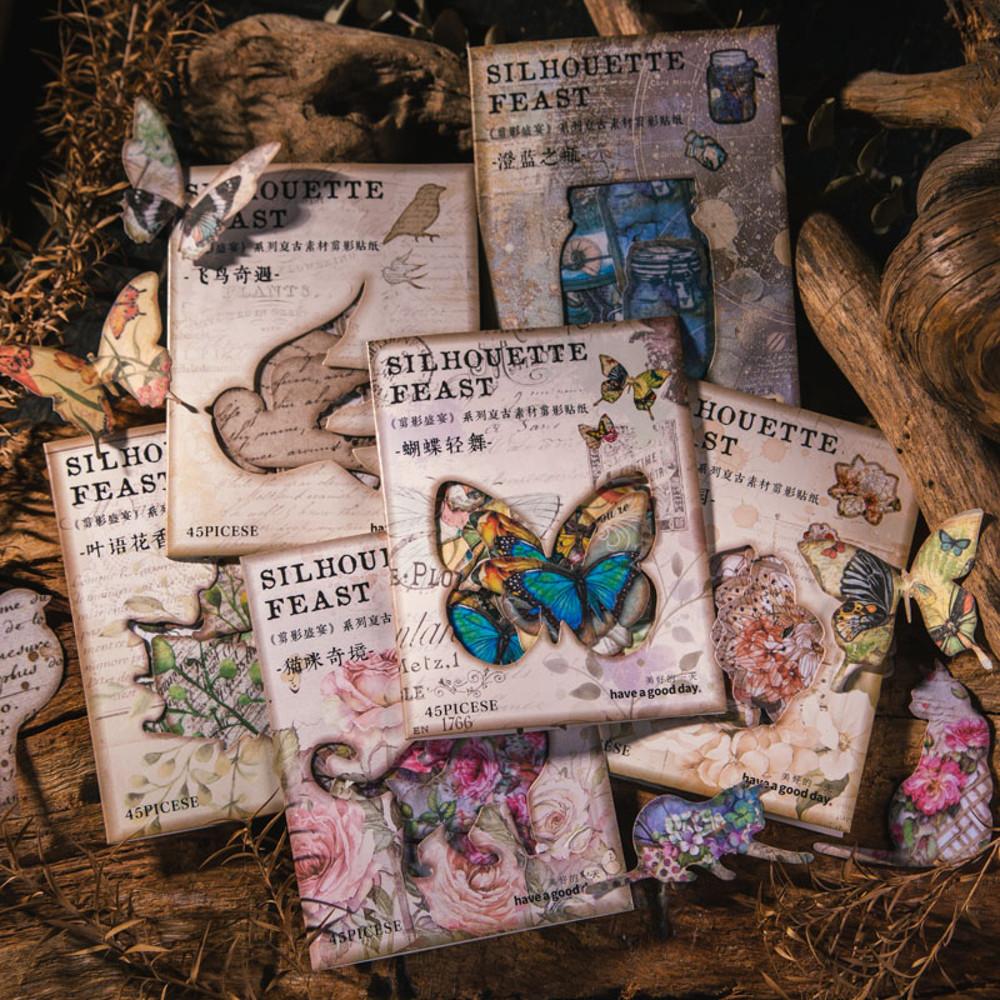 빈티지 다꾸스티커 실루엣페스타 6종 나비 꽃송이 고양이 유리병