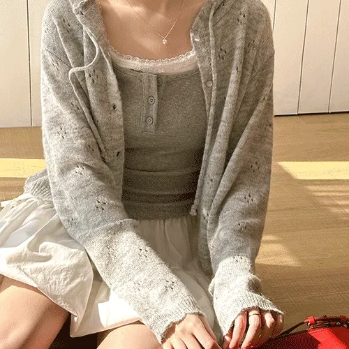 [봄가디건]바벳 스카시 후드 니트 가디건