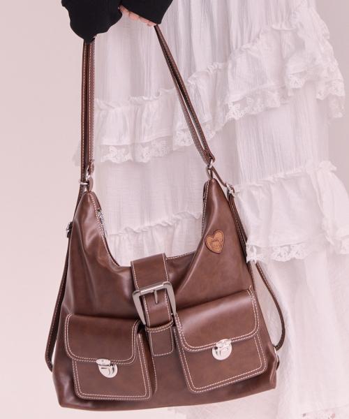 베티붑 포켓 스티치 레더 숄더백_브라운
