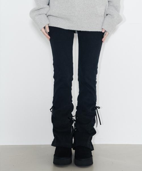 리본 셔링 부츠컷 피치코튼팬츠_블랙