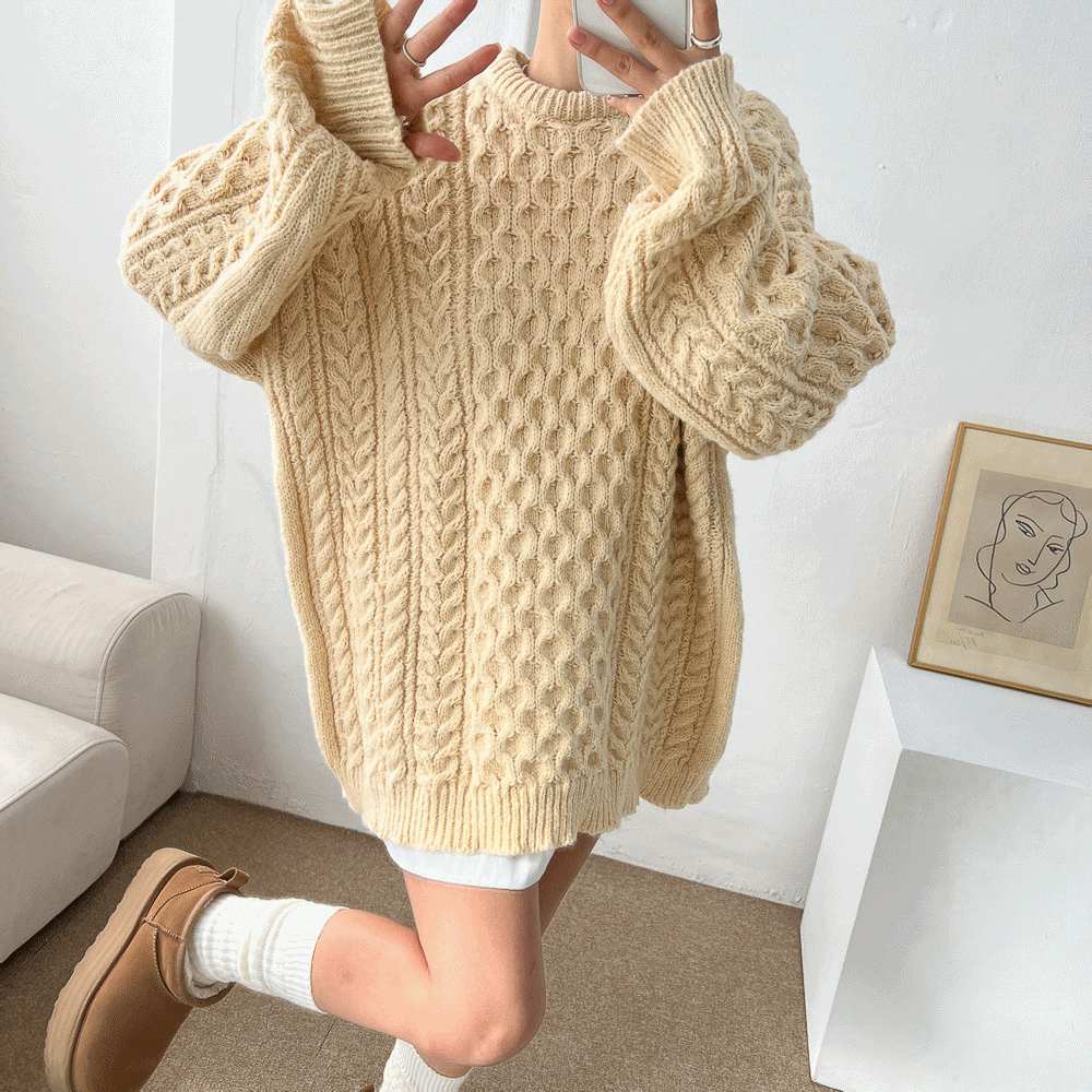 오버핏 꽈배기 케이블 라운드넥 도톰 겨울 롱 니트 티셔츠 3color