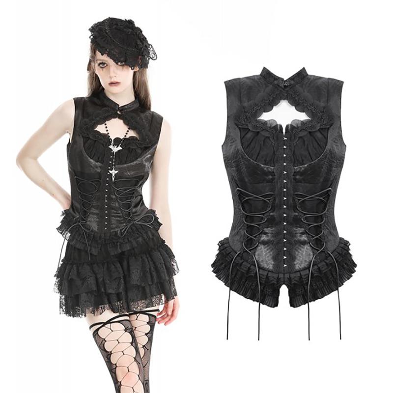 [DARK IN LOVE] 다크인러브 TW601 고딕 블랙레이스 트림 타이업 가슴홀 코르셋탑 (XS,  M)