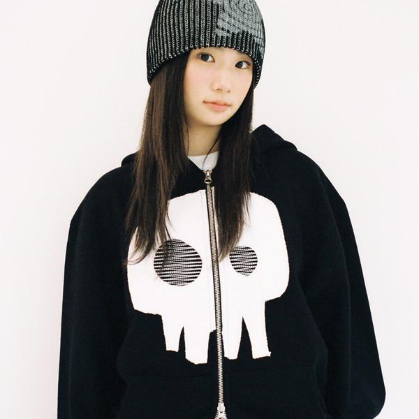 Kawaii Skull Damage Hoodie Zip-up - Black
