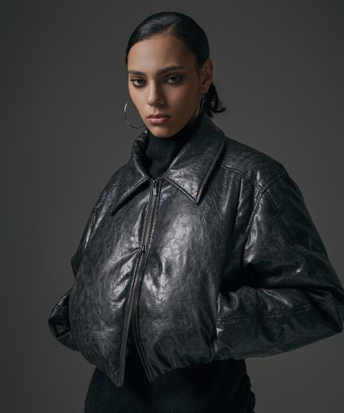 Glossy Leather Short Padding Jumper [ Charcoal ]