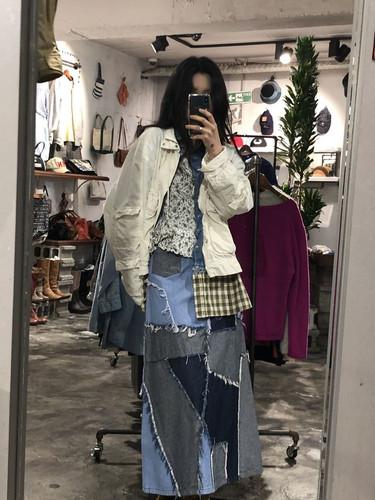 Denim patchwork long skirt