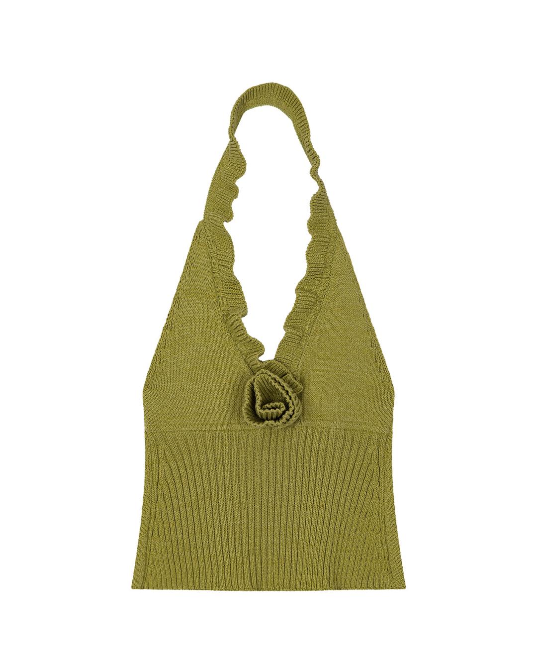 KNIT RUFFLE HALTER SLEEVELESS TOP, OLIVE