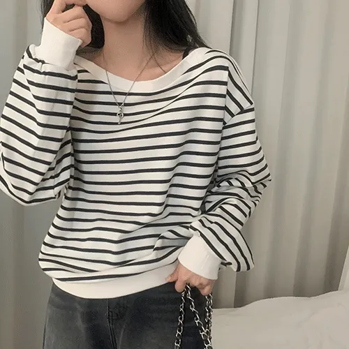 [국내!/후기100🤍] 루즈밍 단가라 스트라이프 티셔츠 오프 맨투맨 - 4color