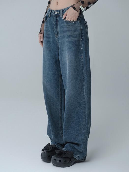 STUDDED WIDE DENIM PANTS_ INDIGO BLUE