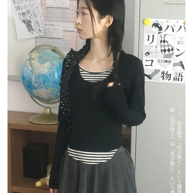 [일체형] 렌토 단가라 배색 유넥 레이어드 긴팔 티셔츠