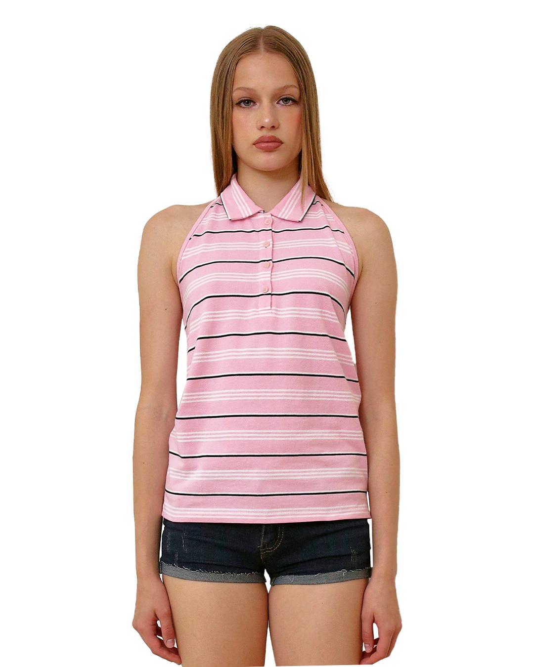 BACKLESS HALTER POLO TOP, MULTI STRIPE
