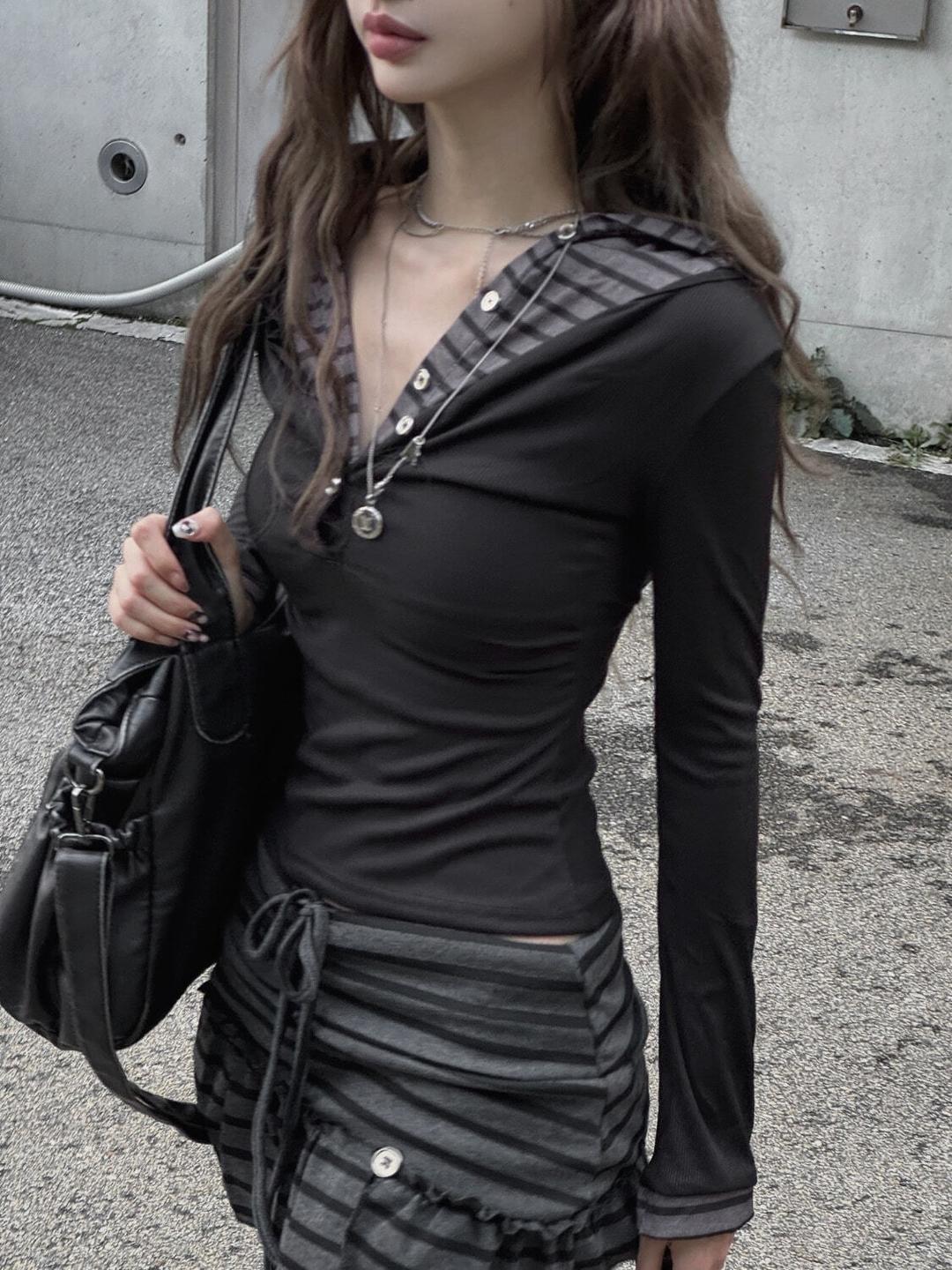 Stripe Layered Button-up Hoodie