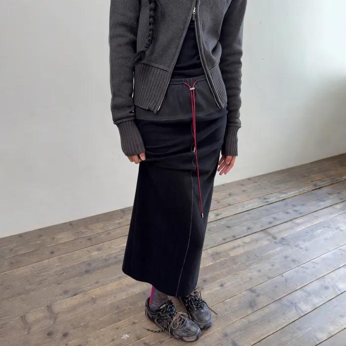 LEATHER STRING TERRY LONG SKIRT-BLACK