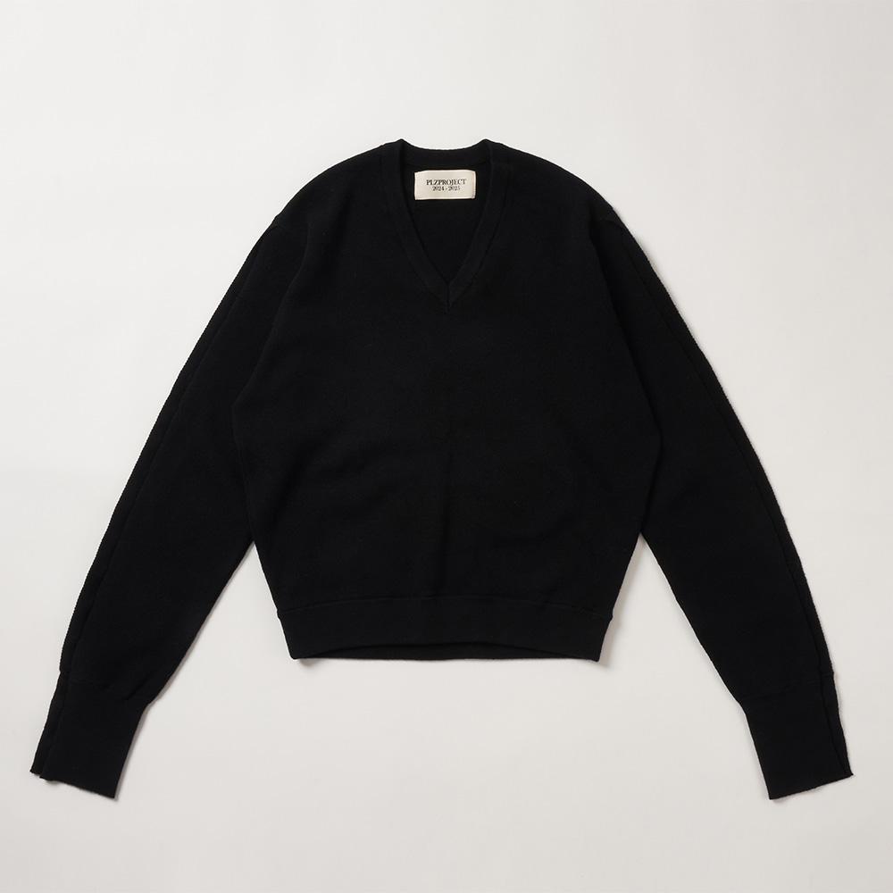 [PLZPROJECT]BUTTON SLEEVE V - NECK KNIT , BLACK