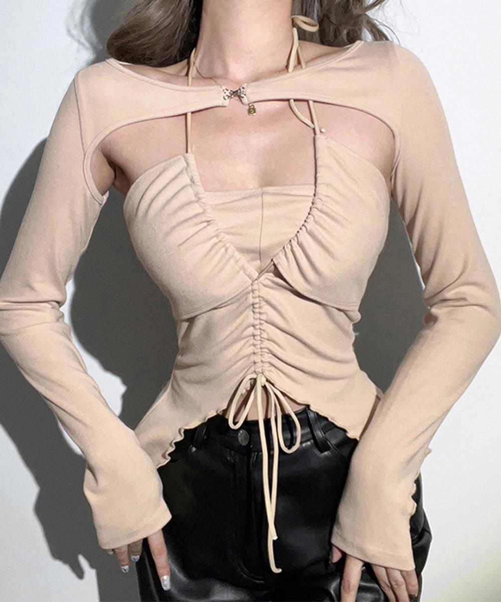 엔젤 프릴 홀터넥 셔링 롱 슬리브