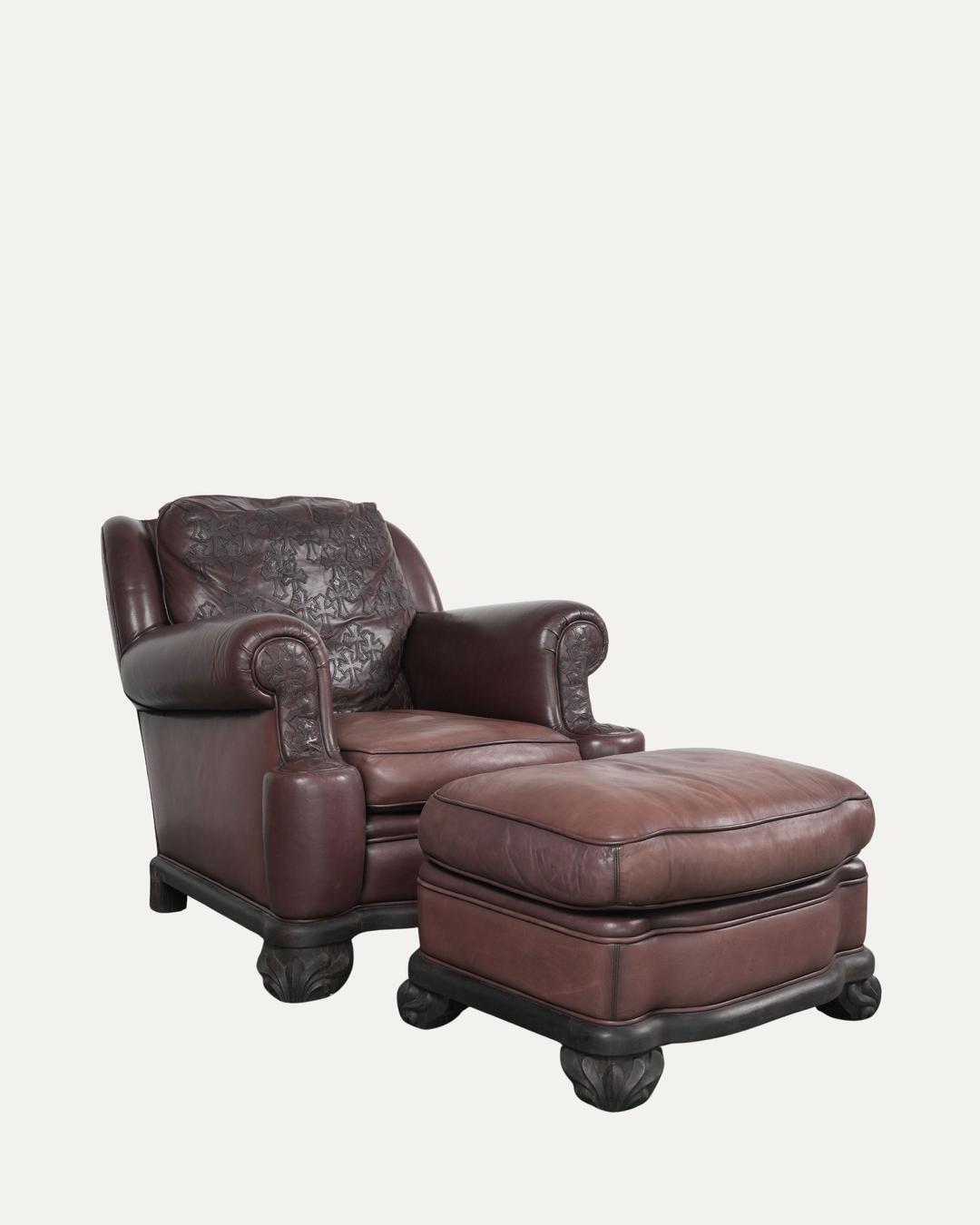 Leather Cross Patch Lounge Chair & Ottoman Set - OS / Brown