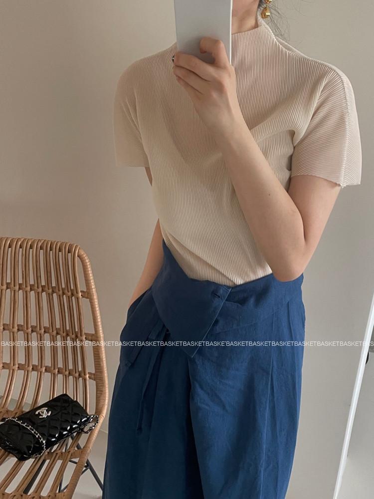 (당일배송) 바스켓 플리츠 탑 하프넥 3col