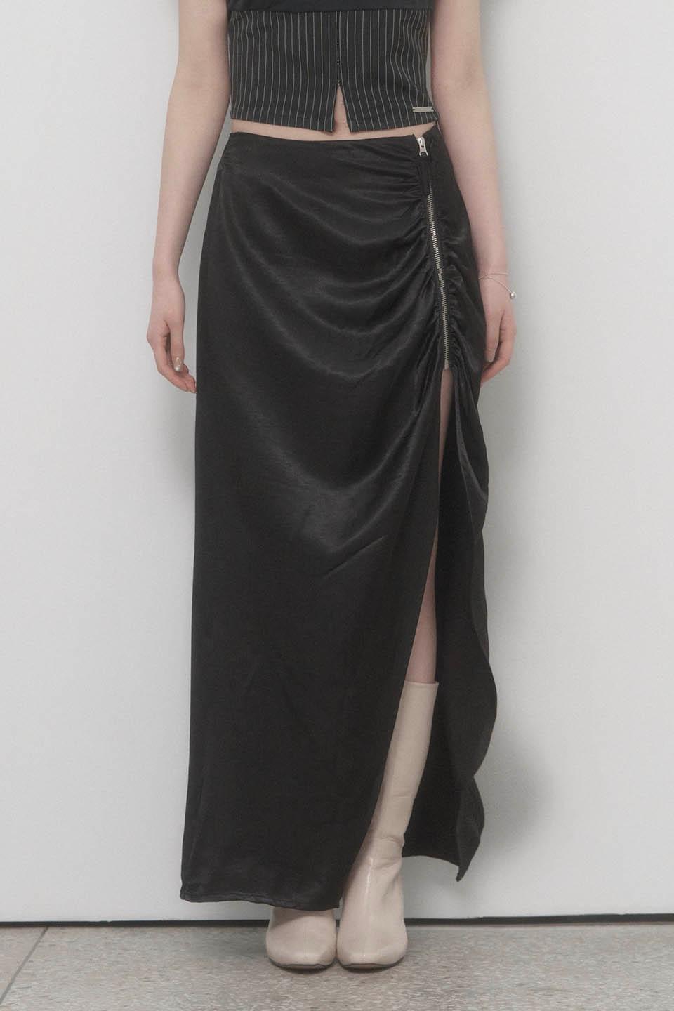 Shirring Side Zipper Slit Long Skirt (Black)