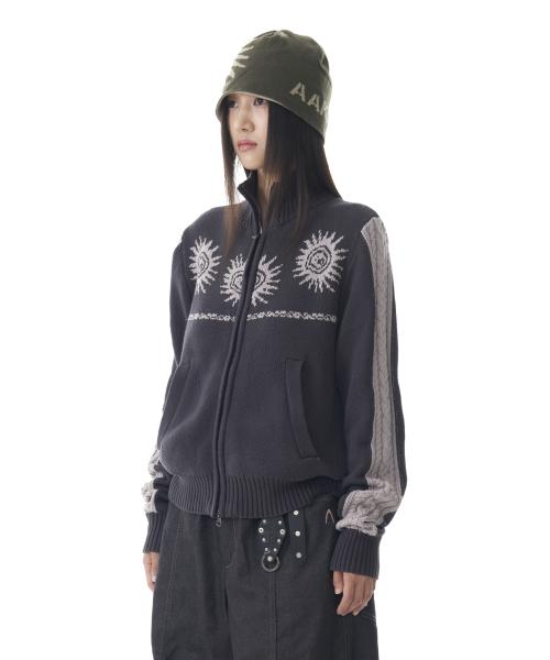 Sun Jacquard Zip-Up Sweater (Dark Gray)