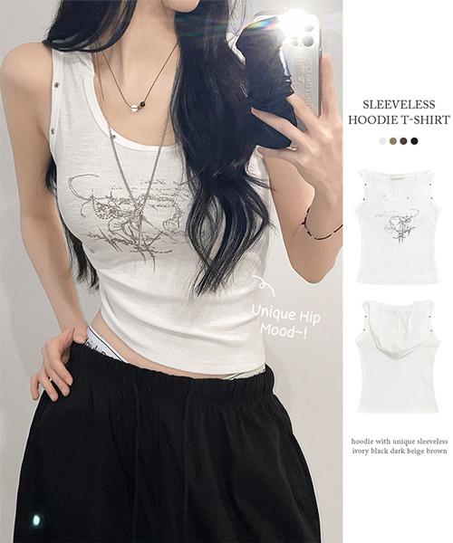 [Unique hip🖤🐈‍⬛]애니 빈티지 프린팅 펀칭 아일렛 라운드넥 후드 나시 민소매 티셔츠(4color)