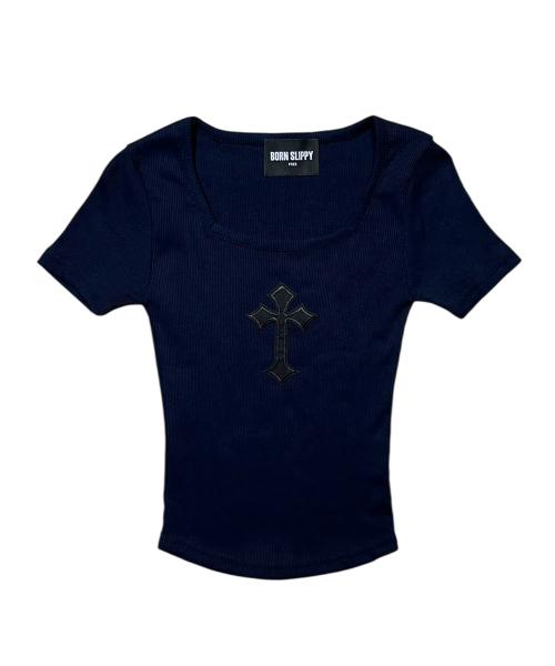 Cross Square Neck T-shirt (Navy)