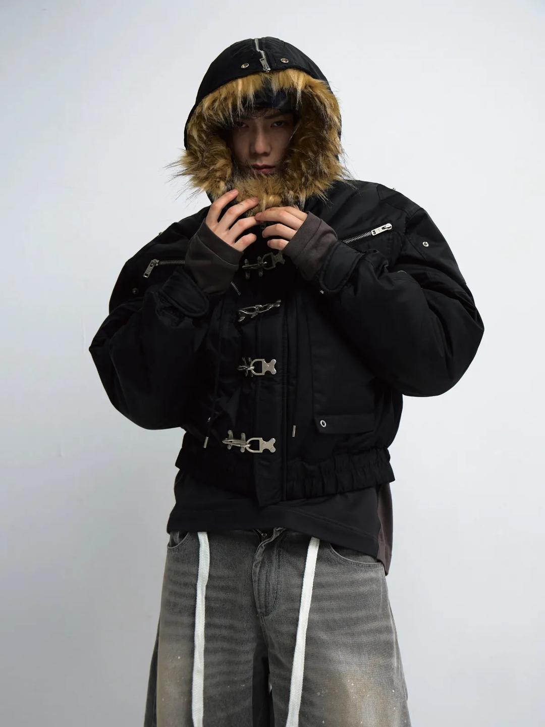 PeopleStyle Short Flight Jacket with Fur Hood Black