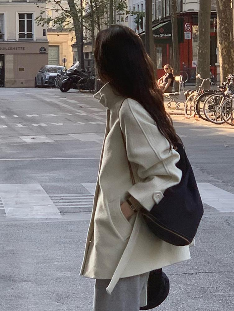 베르가못 카렌 하프 코트 울 하이넥 알파카 스트랩 코트