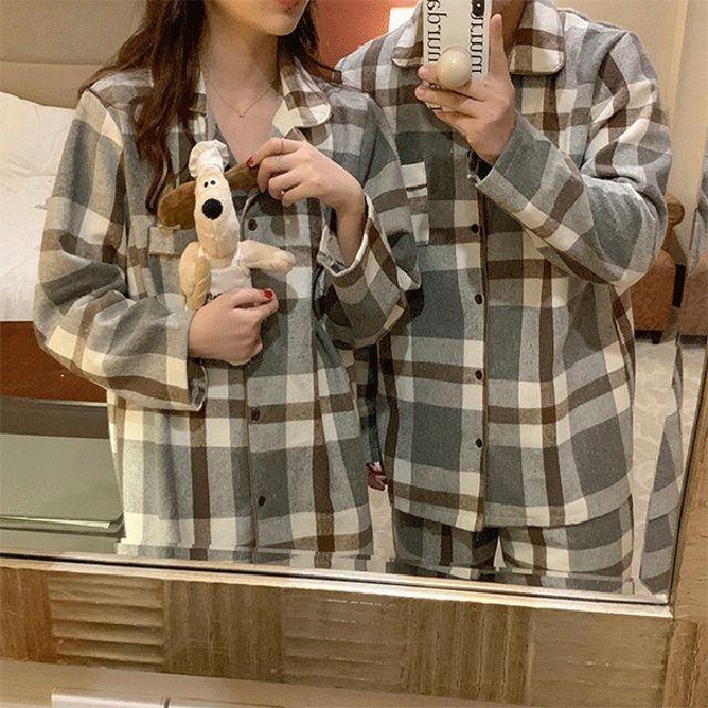 (포근도톰) 체크 기모 파자마 셋업 (3color) #1649 보들보들 아방핏 오버핏 겨울잠옷 커플잠옷 면잠옷 시밀러 홈데이트