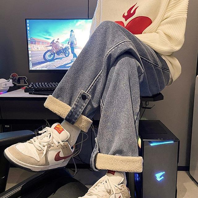 와이드 일자핏 기모 버튼 포인트 데님 팬츠 MJ995