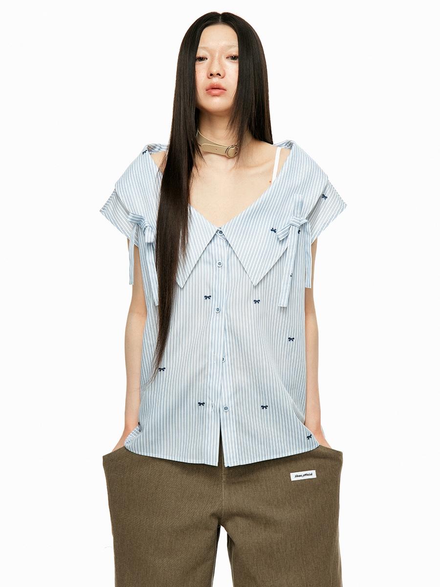 JIKOO Ribbon Strap Off-shoulder Shirt